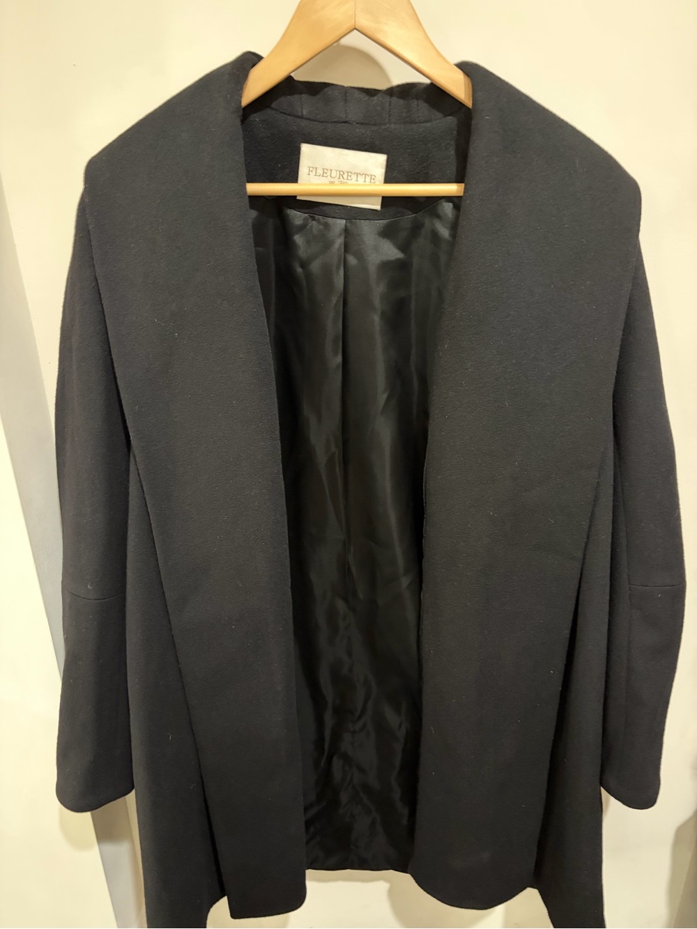 Fleurette Black 100% Wool Open Front Shawl Collar Draped Coat Jacket